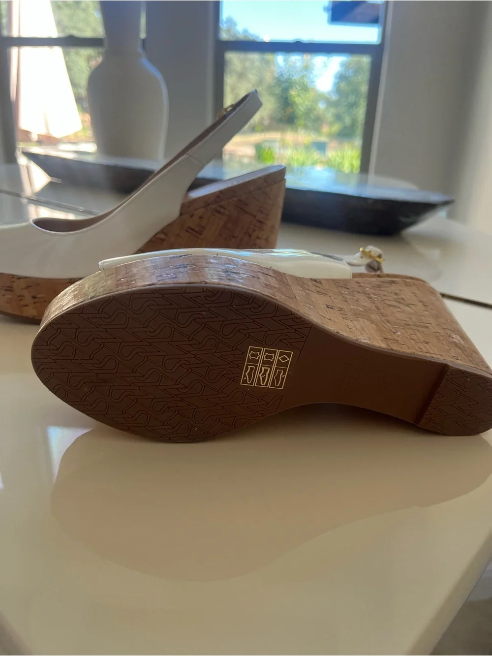 Stuart Weitzman White Patent Leather Cork Wedge Slingbacks - Picture 2 of 5